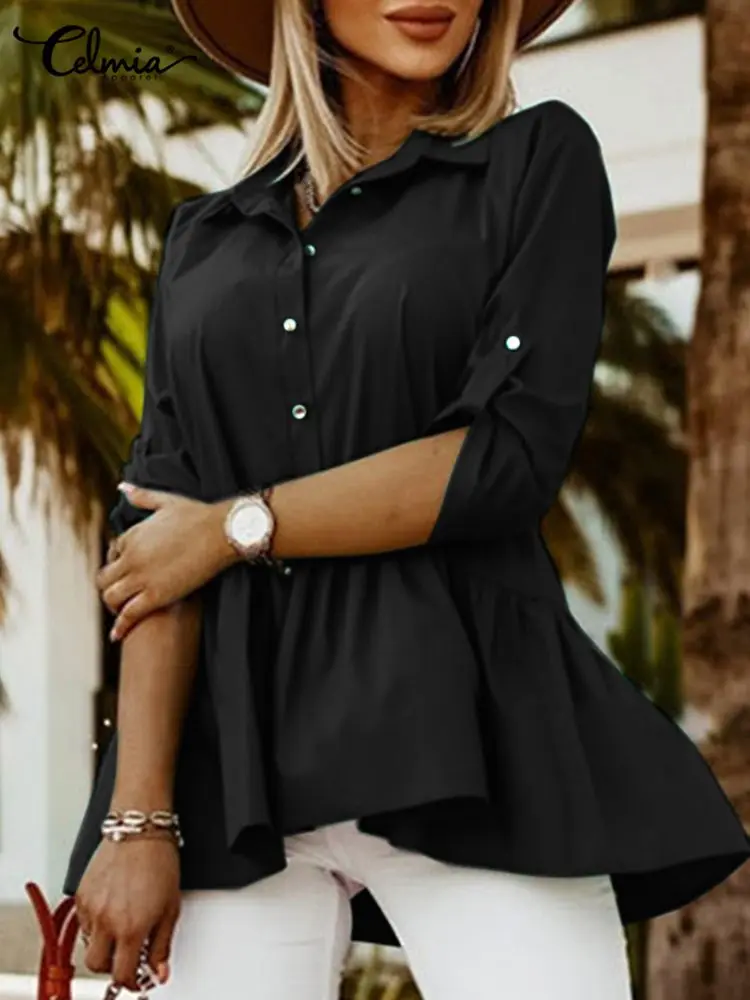 

Осенний женский топ-туника Celmia, однотонные элегантные рубашки с рукавом 3/4, лацканами, оборками, подолом и пуговицами, Повседневная Свободна...