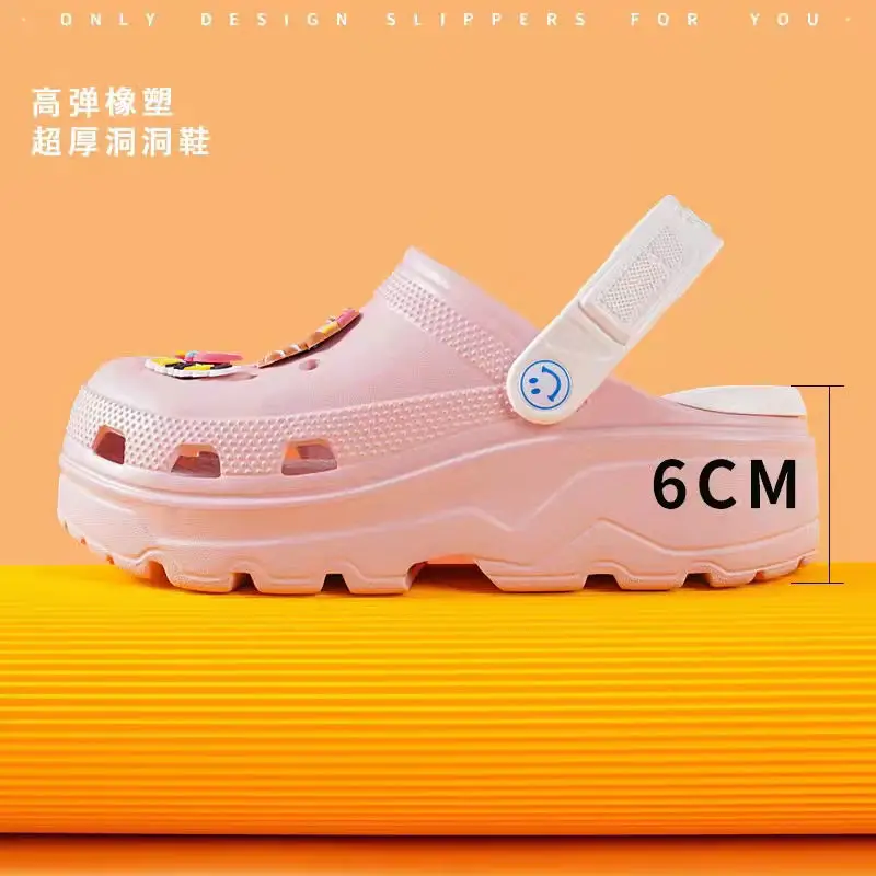 2023 new women's summer thick-soled slippers outer wear increased non-slip high-heeled shoes hole shoes beach sandals home shoes