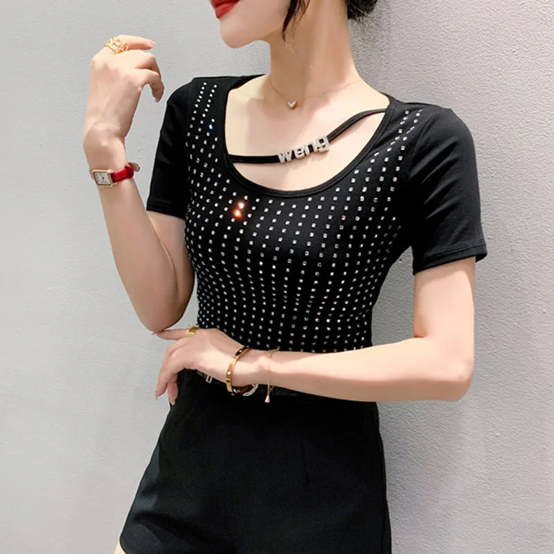 #5552 футболка с коротким рукавом женская сексуальная клубная Футболка со стразами