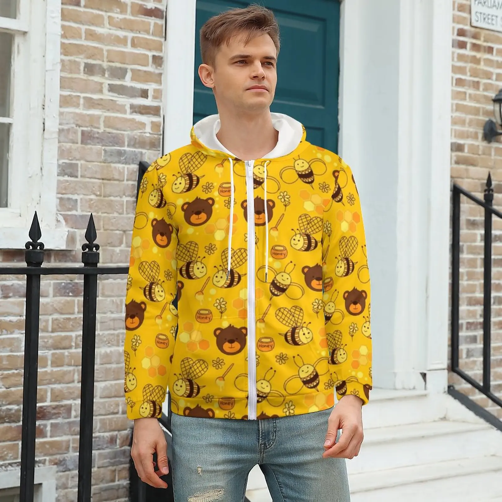 

Cartoon Bees Print Hoodies Cute Funny Bears Polyester Zip Up Hoodie Cool Autumn Hoodie Plus Size XXXL