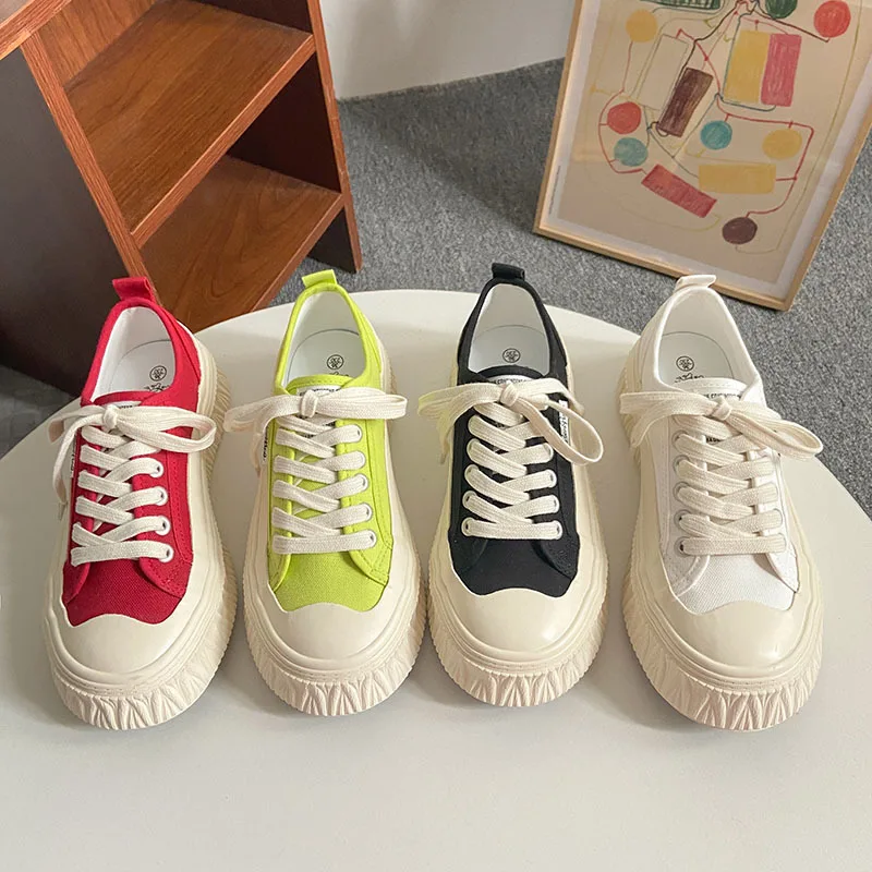 For Girls Red Black Casual Shoes Thick Sole Lacing Gum Shoes Vulcanized Flat Heel