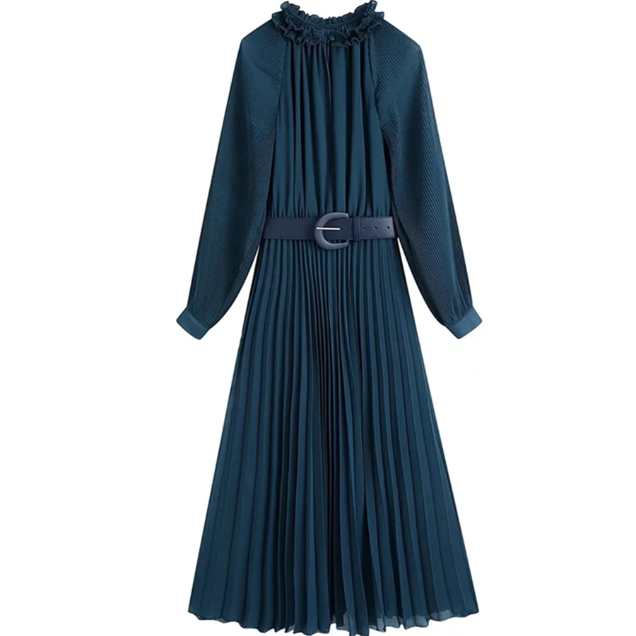 

Maxdutti England Style Fashion Dress Women With Belt Office Lady Pleated 2022 Elegant Long Sleeve Party Dress Women Spring