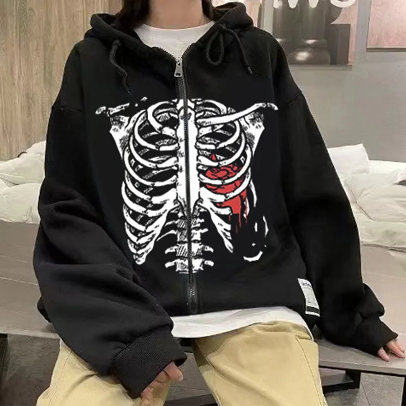

2022 New Stock Skeleton Plus Velvet Thickened Loose Couple Zipper Sweater Y2k Zip Up Hoodie Men Cheap Clothes Chandals Hombre