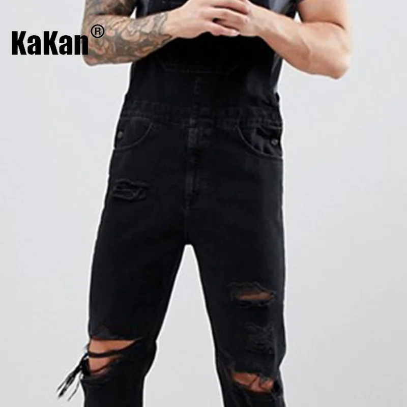 Kakan - European and American New Strap Tears Jeans for Men, Youth Popular Black Super Perforated Long Jumpsuit K34-710