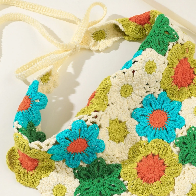 

Women Colorful Crochet Bandana Knit Head Kerchief Sunproof Turban Tie Back Triangle Head Wrap Lovely Hair Kerchief