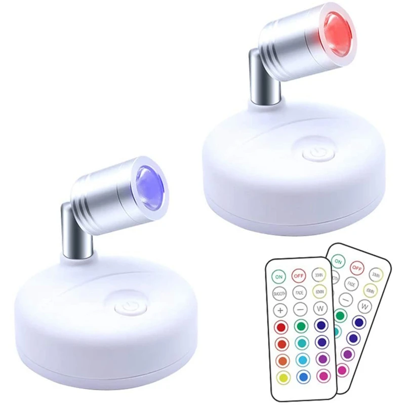 

New RGB Wireless Spotlight Indoor, Battery Operated Mini Accent Lights With Remote, Dimmable LED Spotlight Light , 2 Pack