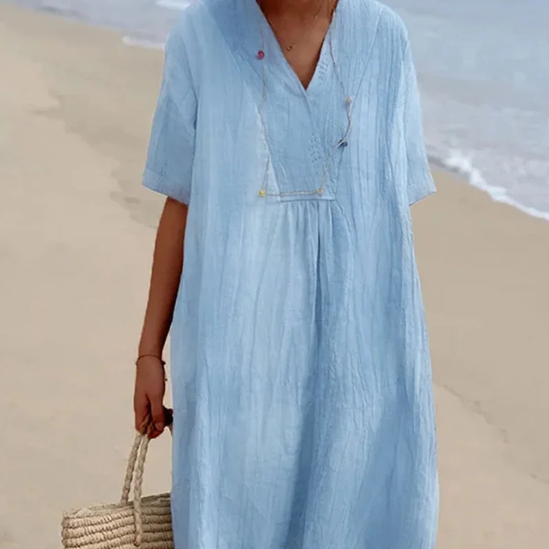 

Korean Fashion Spring Summer Casual Loose Simplicity Solid Color Short Sleeve Pullovers Dresses Pleated Women's Clothing 2023