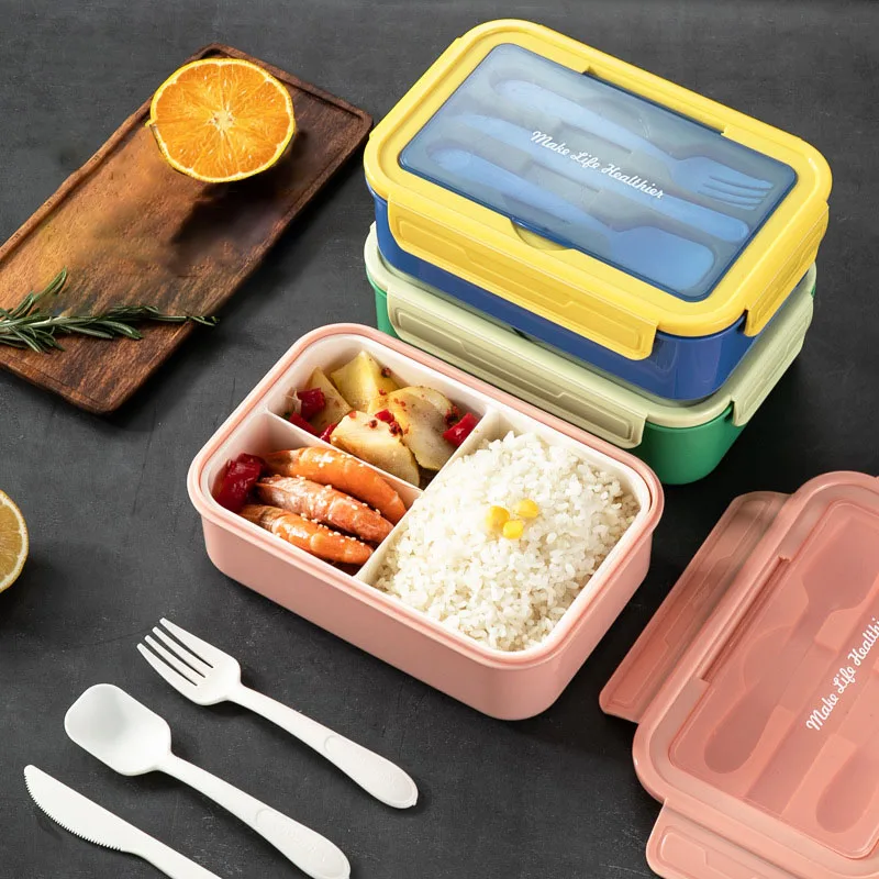 

Microwavable Lunch Box 3-compartment Food Storage Containers Food Grade Plastic for Children Kids Office Worker with Tableware