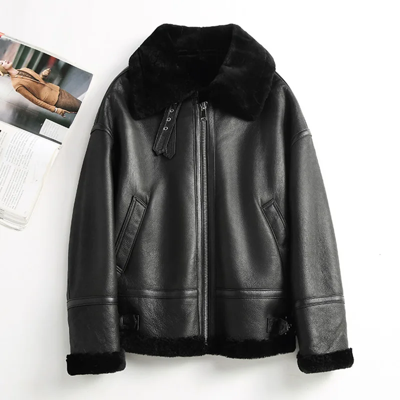Women's Fashion Leather Jackets Winter Thick Warm Lamb Fur Lining Sheepskin Coat Motorcycle Full Sleeve MH3889L