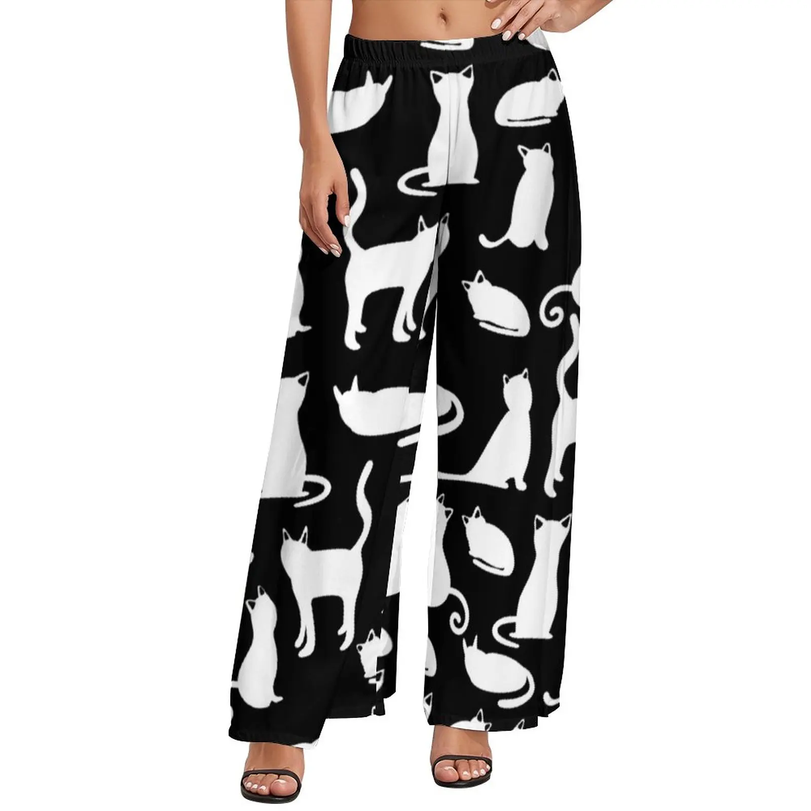 

Black White Cat Pattern Pants Female Kitten Family Playful Cats Street Fashion Print Trousers Summer Oversized Sexy Wide Pants