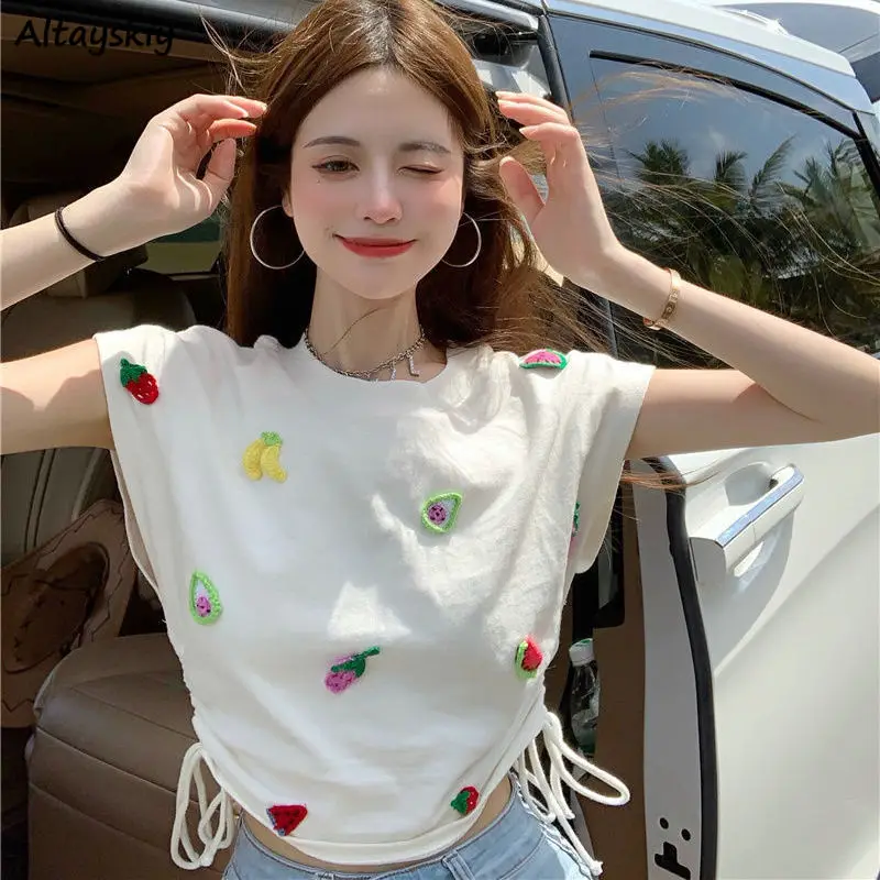 

Short Sleeve T-shirts Women Simple Summer All-match Lovely Embroidered Korean Style Young Ladies College Fashion Casual Loose