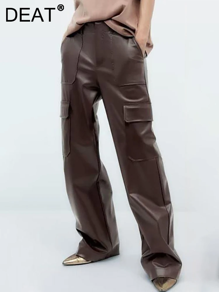 

DEAT Fashion Women's PU Leather Pants Wide Leg High Waist Pocket Solid Color Long Cargo Trousers Spring 2023 Trend New 17A5812