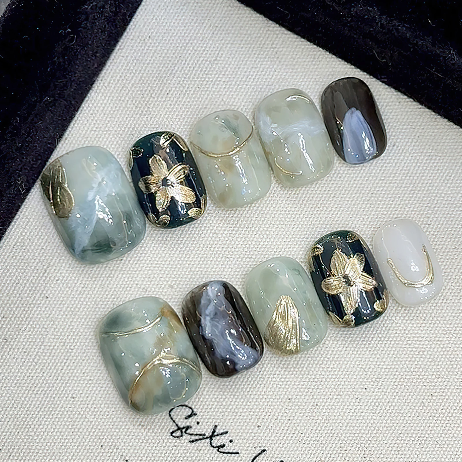 Короткие круглые квадратные накладные ногти Зеленые Синие ручная работа пресс