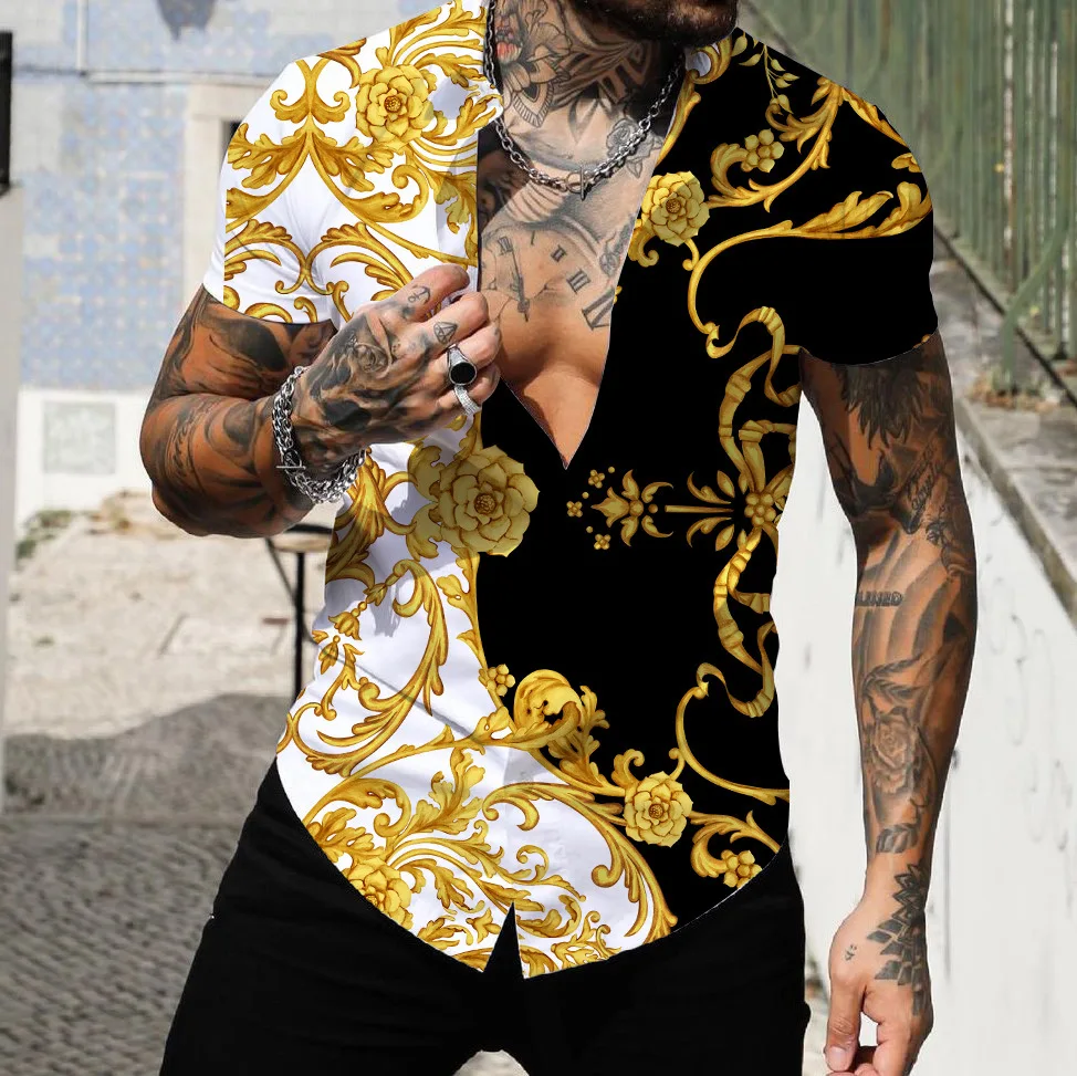 Summer Men's Short Sleeve Shirt 3D Fashion Button Lapel Shirt Loose Plus Size T-Shirt Hawaii Beach Casual Wear S-5XL