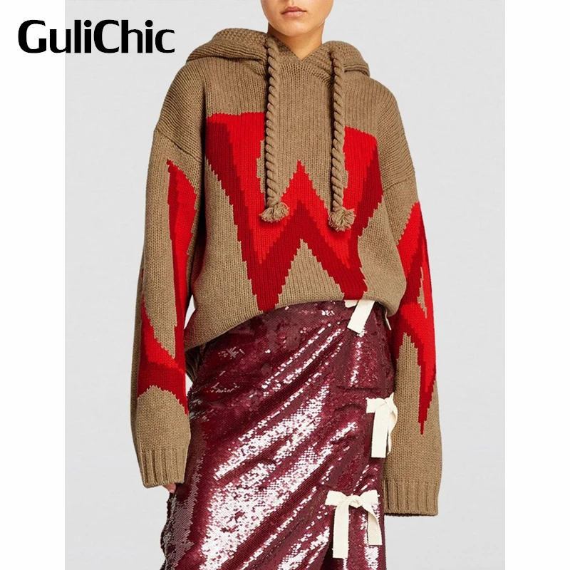 

10.15 GuliChic Women Vintage Casual Contrast Color Letter Print Drawstring Hooded Wool Knitted Pullover Sweater