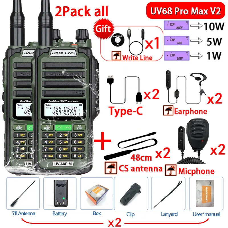 2Pack 10W Tri-Power Baofeng UV-68 PRO MAX V2 IP68 Waterproof Walkie Talkie High Power 711 antenna Radio 2-Way Radio Long Range enlarge