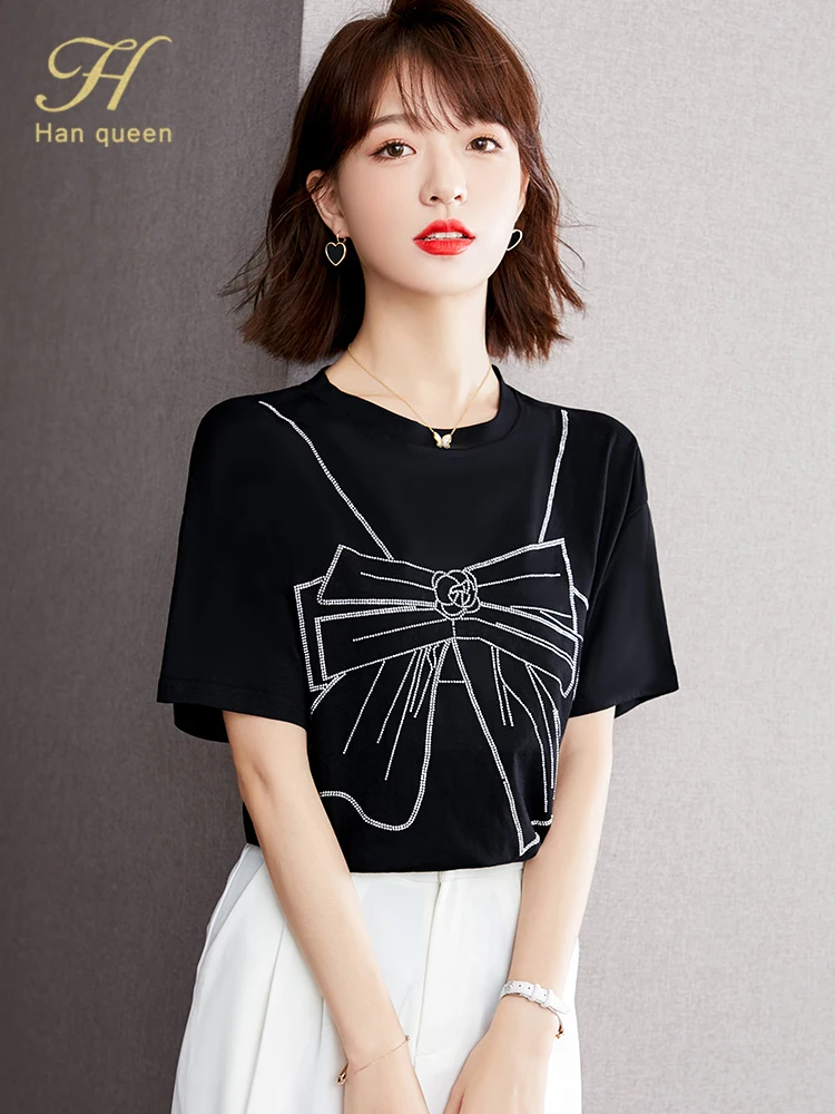 

Женская блузка с круглым вырезом H Han Queen, винтажные Топы с коротким рукавом, Свободные повседневные рубашки для офиса, на лето