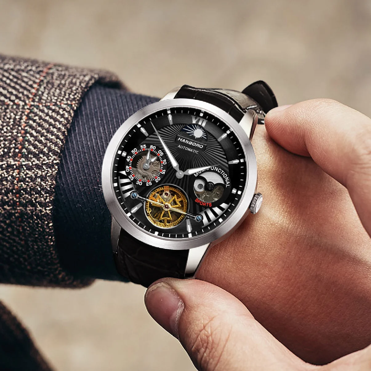 

HANBORO Genuine Men's Watch Fully Automatic Mechanical Watch Hollow Tourbillon Waterproof Luminous fashion Brand business watch