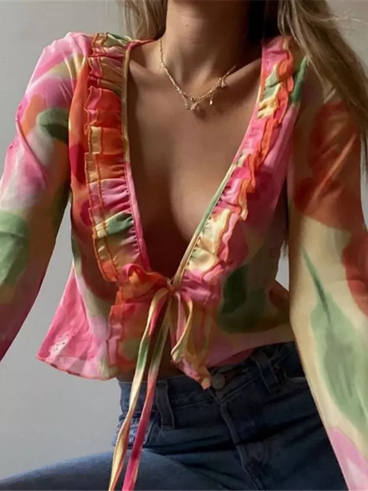 

Fashion Ruffle Blouse See-Through Lace V-Neck Tops For Women Long Sleeve Summer Shirt Party Beach Cropped Top 2022