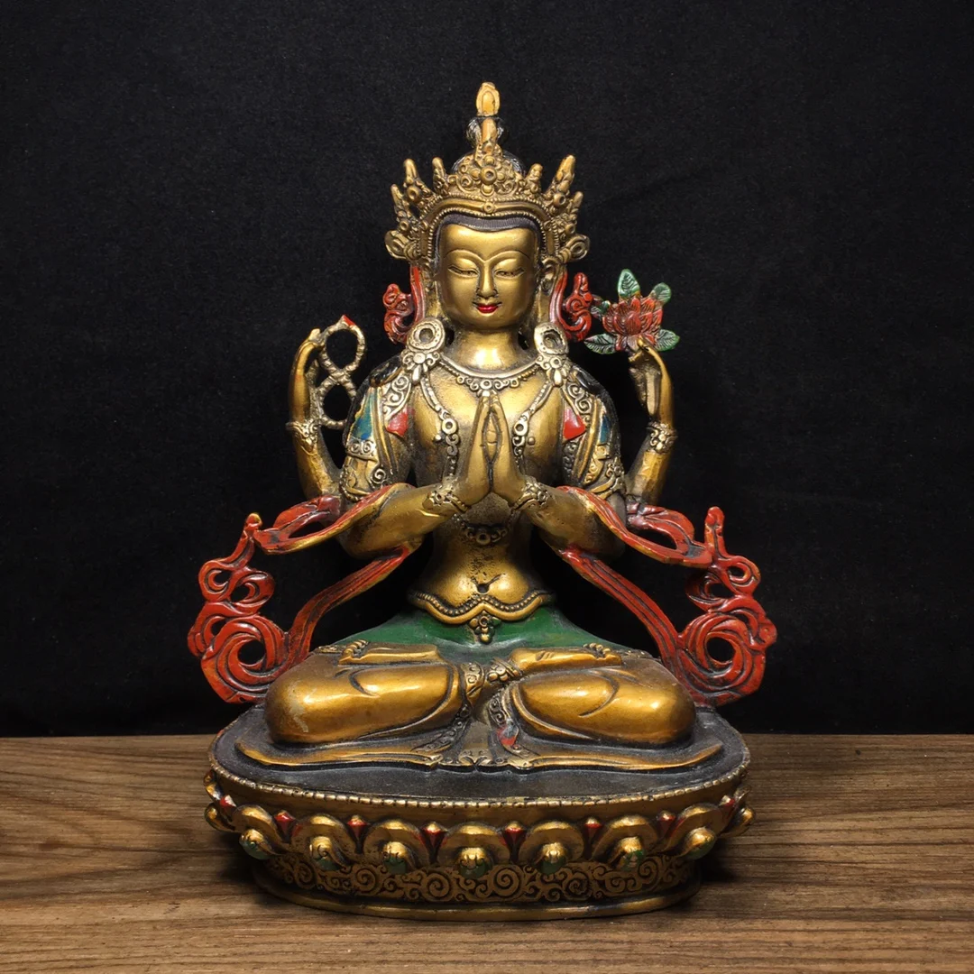 

8"Tibetan Temple Collection Old Bronze Painted Four Arm Guanyin Buddha lotus platform Worship Hall Town house Exorcism