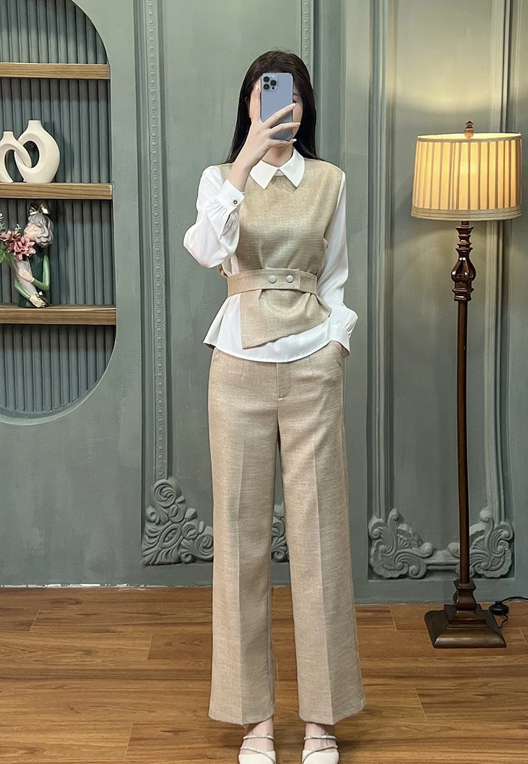 

New women's clothing for spring and summer 2023 Irregular Hem Fake Two Pieces Shirts with Wide Leg Pants Suit 0316