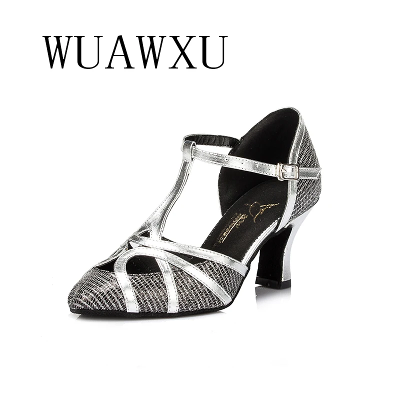 NATASHA Baotou Latin Dance Shoes Female Flash Gold Adult Medium High Heel Square Friendship Dance Shoes Soft Sole Competition Pe