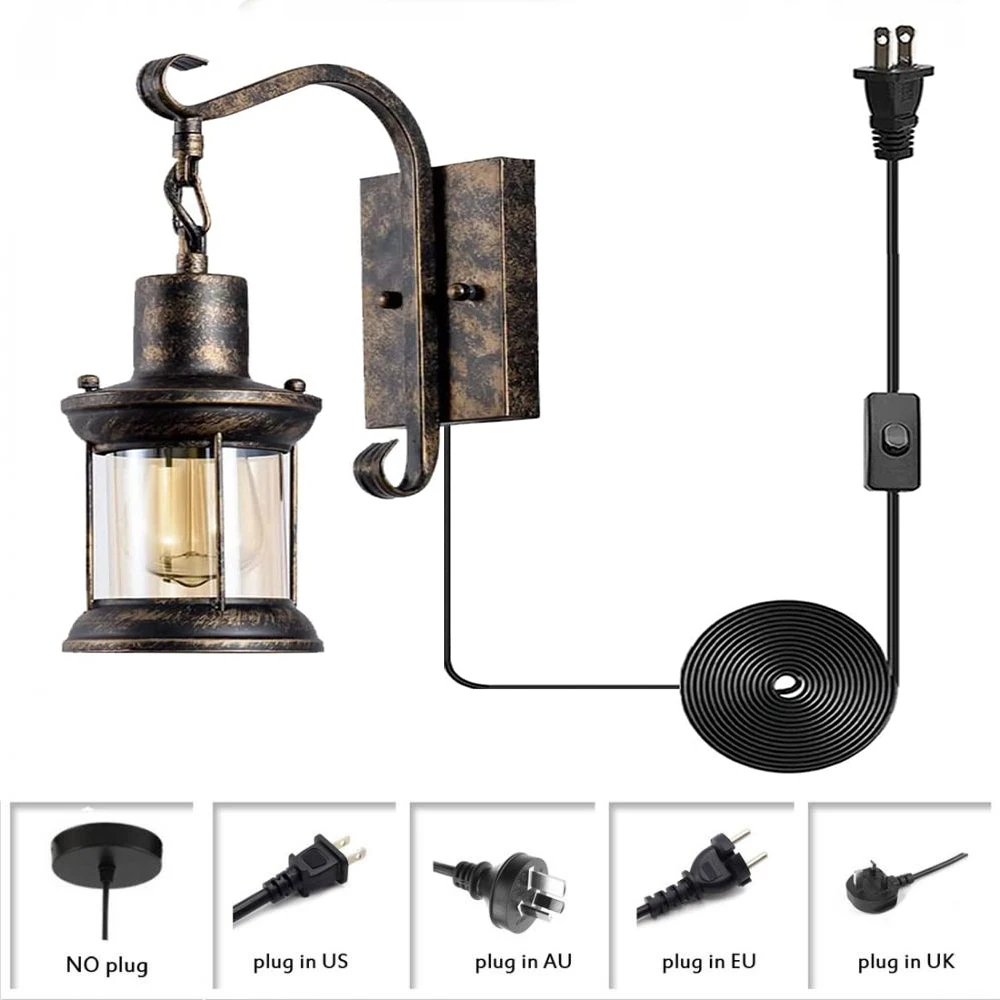 

Rust Finish Indoor Vintage Metal Wall Sconce, Farmhouse Glass Wall Sconces, Industrial Plug In Wall Lights for Home Bedroom