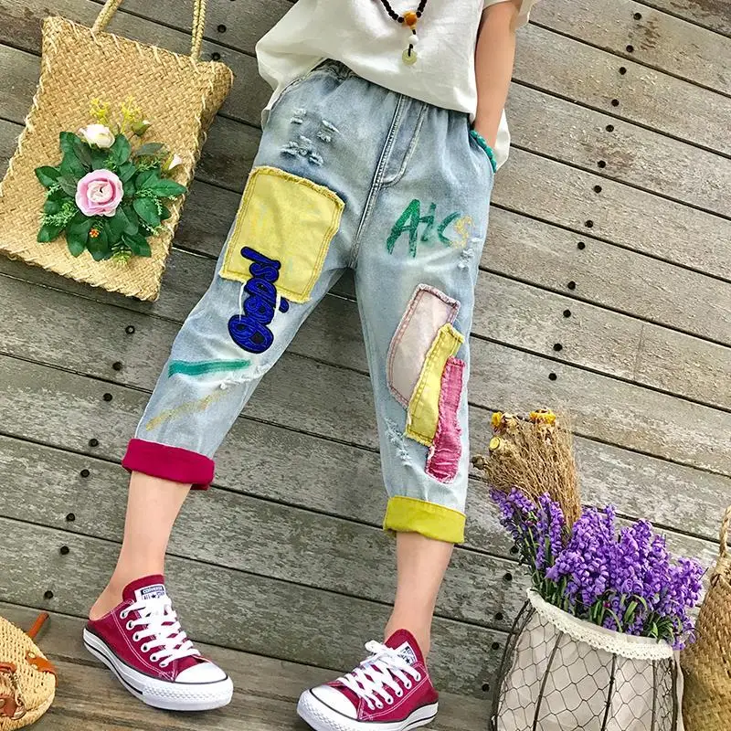

2022 Summer Thin Patch Tight Waist Hole Loose Color Loose Large Jeans Woman Show Thin Nine Minutes Beggar Pants Ripped Jeans