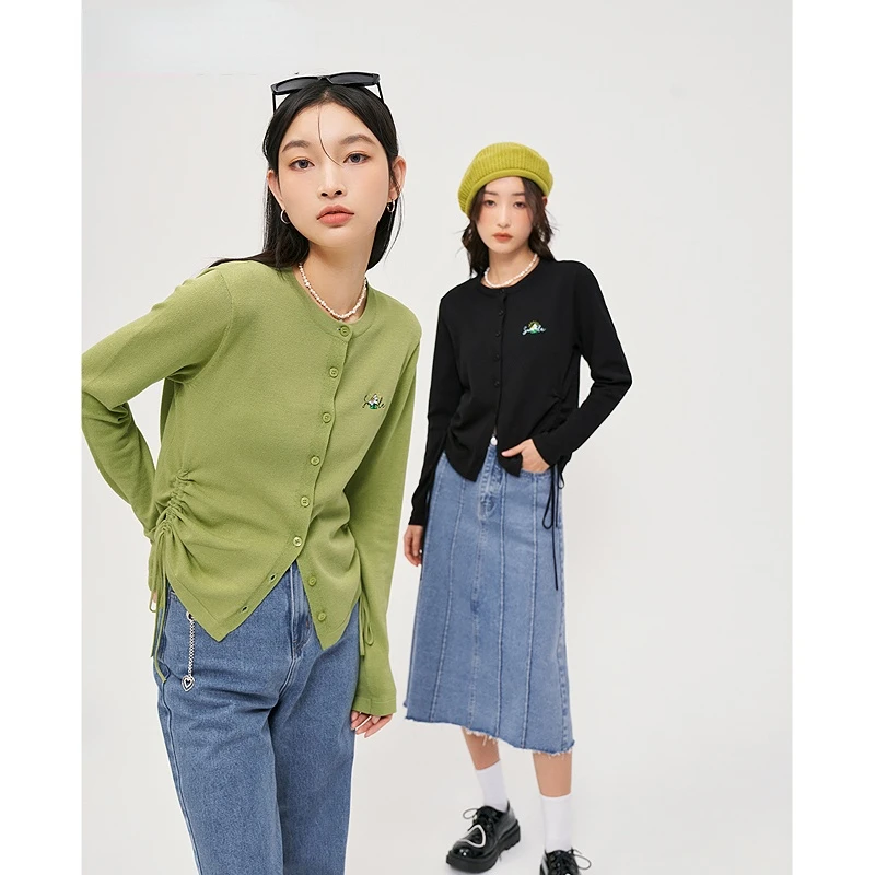 

Women Knit Tops 2022 Autumn Long Sleeve Drawstring Sweaters Flower Embroidery Print Elegant Vintage Knitted Cardigan