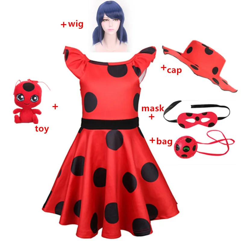 

Carnival Marinetteer cosplay Girls Dress Summer Costume Red bug Party Dress Children's day happy Purim Lace Dot Girls Dresses