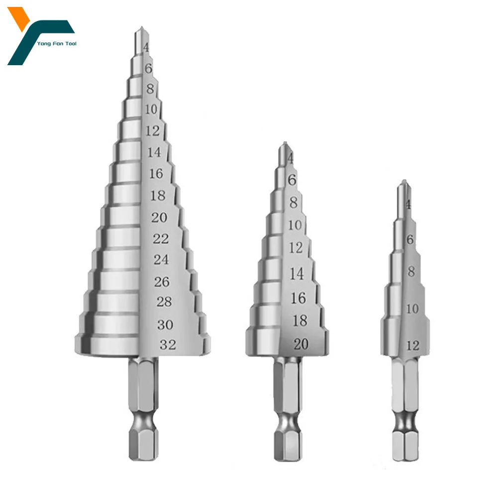 3Pcs Step Drill Bit 4-12 4-20 4-32 Straight Groove Saw Drill Bit Hex Titanium Cobalt Coated Milling Cutter Metal Core Hole Openr