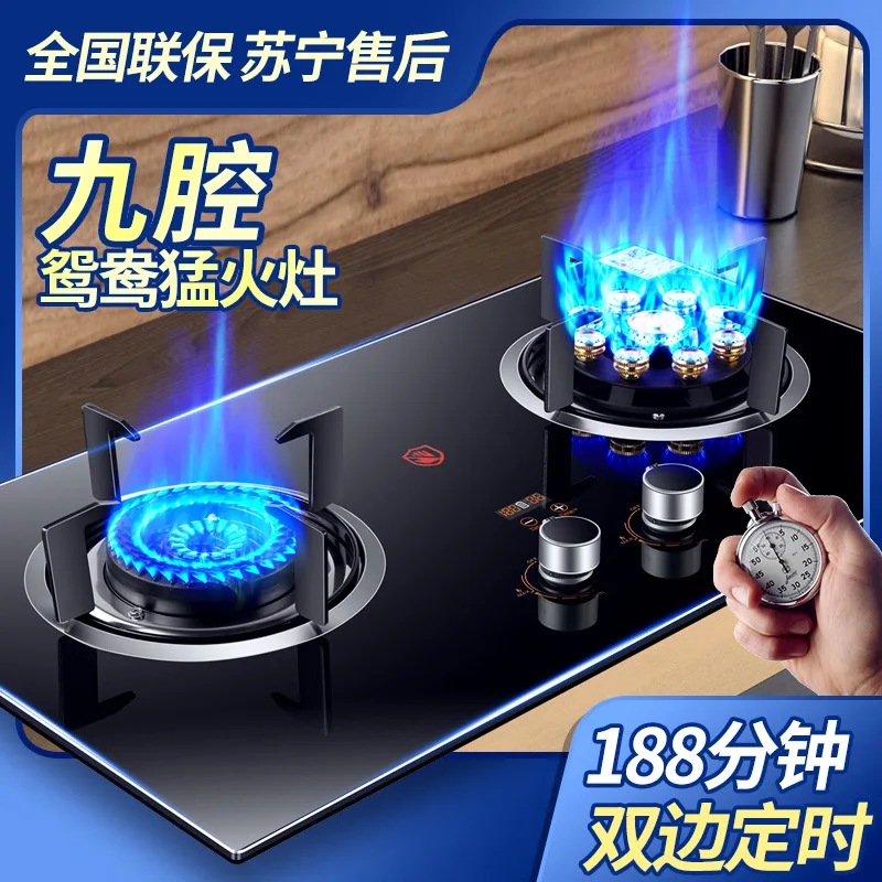 Double-hole Gas Stove Fierce Fire Household Cooktop Tempered Glass Panel Natural Liquefied 2 Burner Built-in Oven Cooker Tool