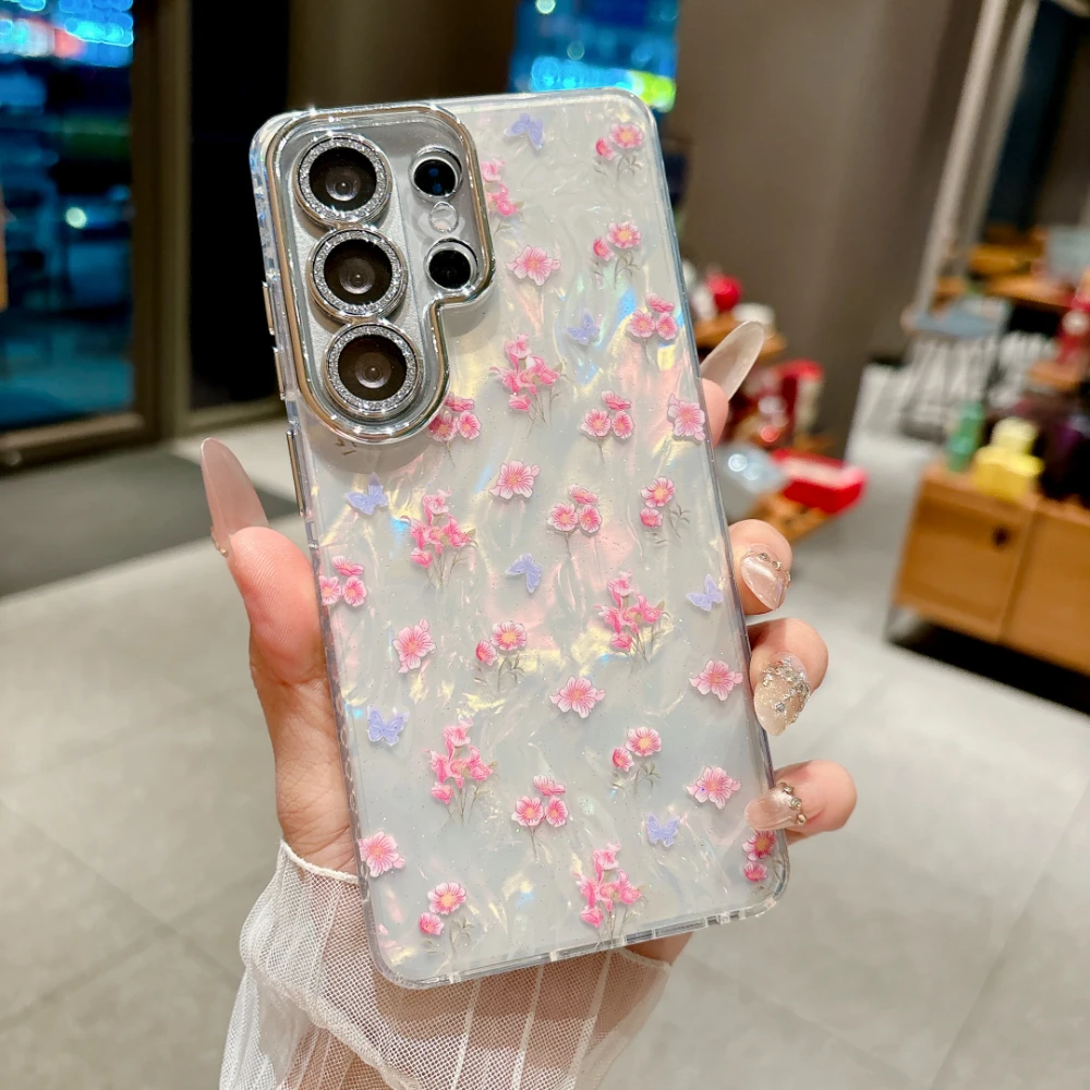Фото Роскошный чехол для телефона с блестящим узором и цветами для Samsung S 22 23 24 25 26 Ultra Plus, мягкий противоударный защитный чехол для объектива IMD №3