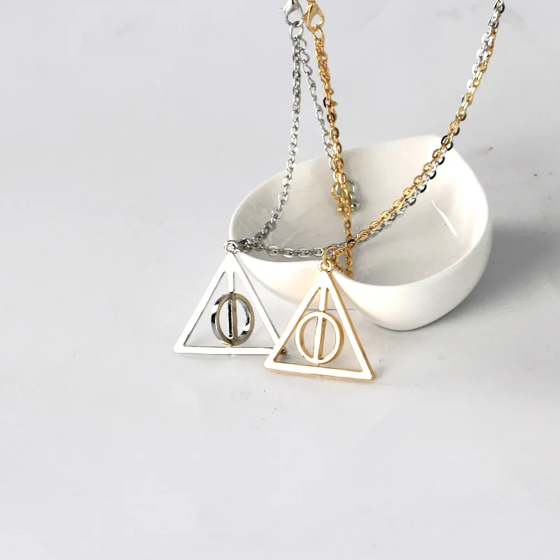 Deathly Hallows Resurrection Stone Pendant Triangle Spinning Necklace Round Fashion Vintage Silver Spinning Movie Pendant Jewelr