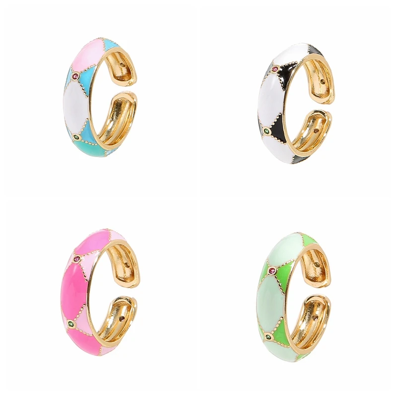 Candy Color Two Tone Adjustable Opening Zircon Ring For Women, Enamel Bohemia Gold Plated Summer Wedding Jewelry Finger Ring