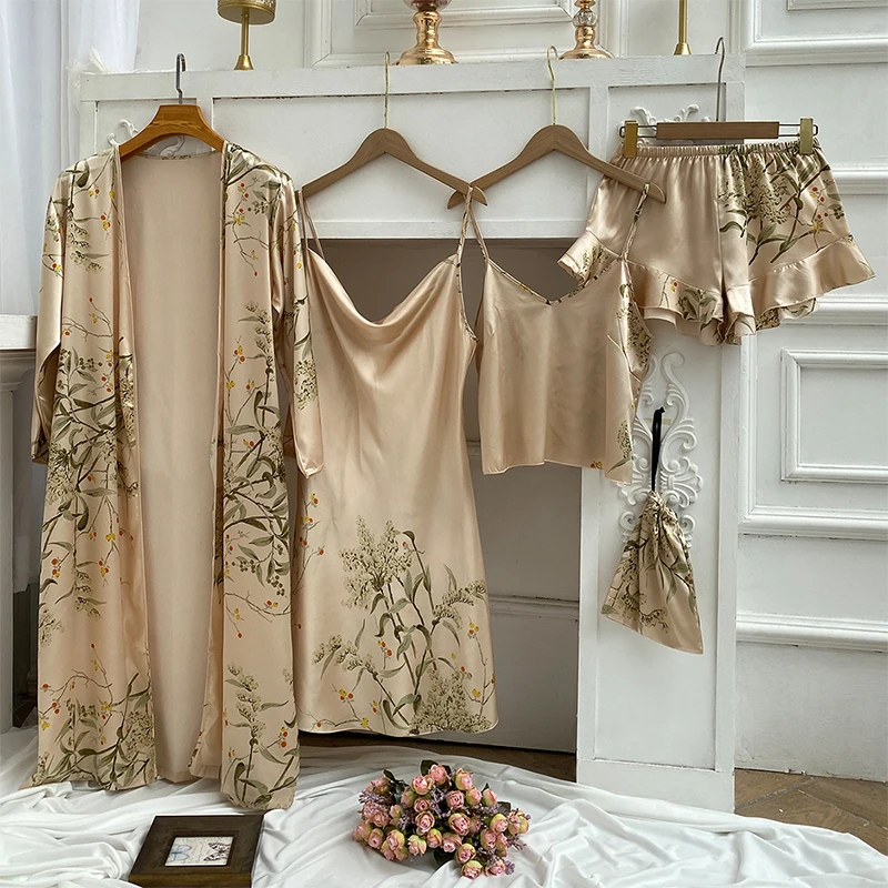 

Set Print Bathrobe Gown Autumn Pajama Ladies Floral Spring Nightdress Dressing Silk Set Satin 4 Long Pieces Women's Summer
