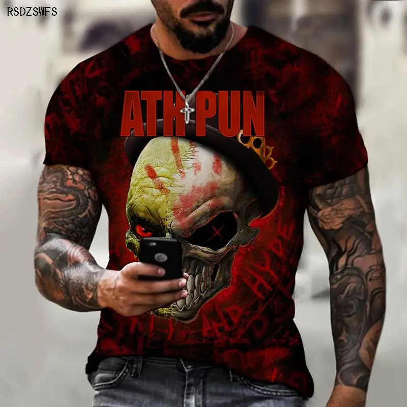 

ATKPUN Horror 3D Printing Summer Tough Guy with Skull 3D Printing T-shirt Men's Oversized Short-sleeved Streetwear Thriller