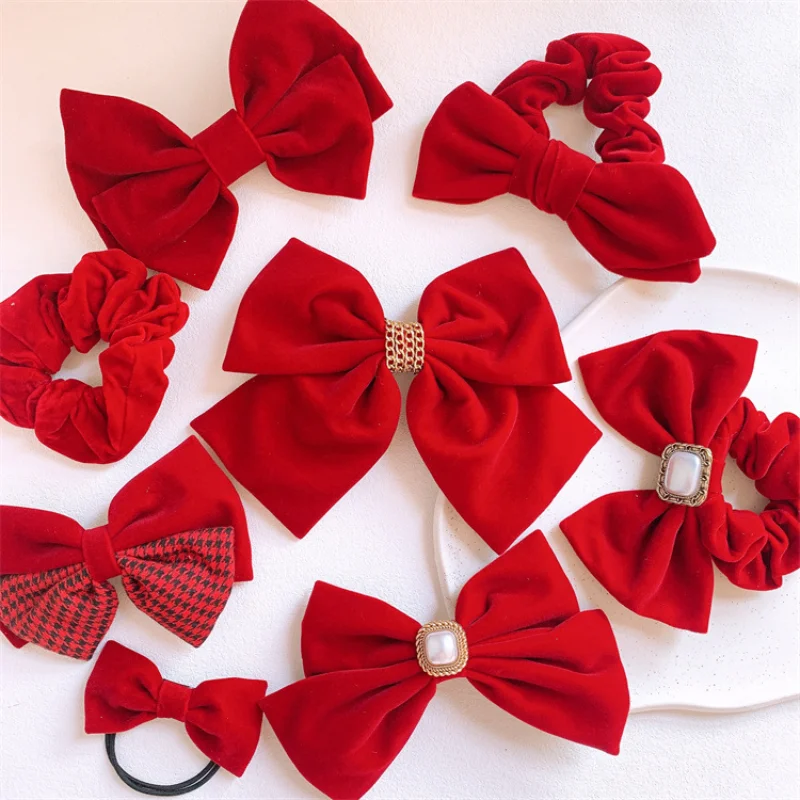 

Autumn and Winter Red Series Korean Sweet Girl Large Velvet Bow Hairpins Headwear Fashion Women's Rubber Band Hair Accessories