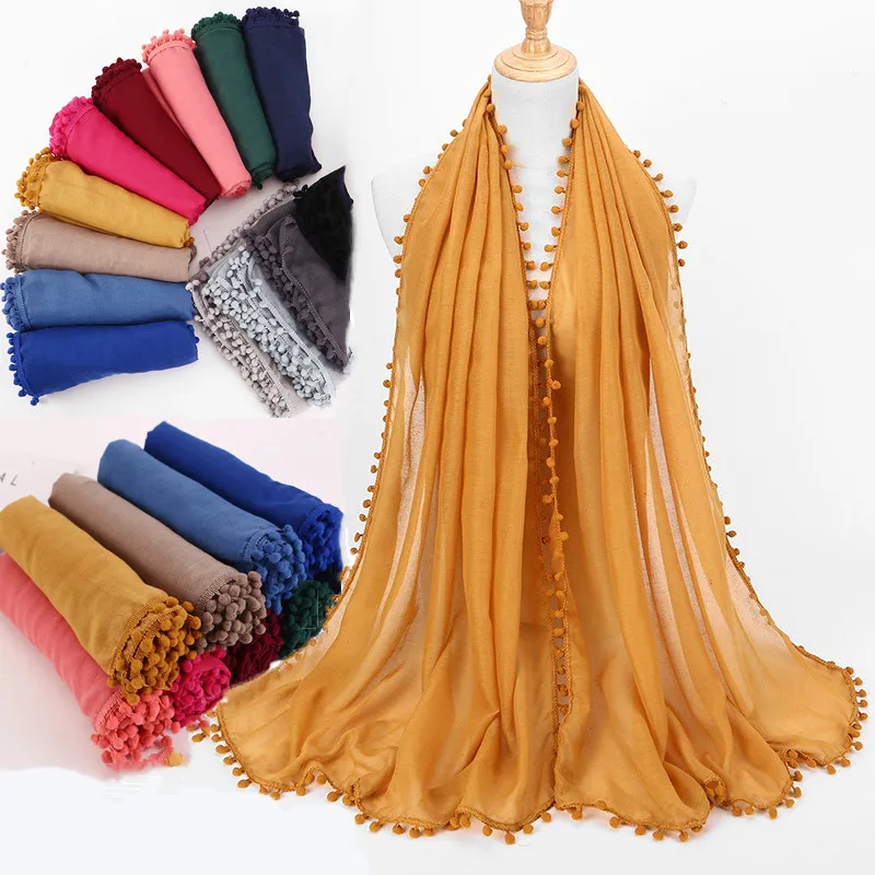 

Women Cotton Scarf Pom Balls Shawls Hijab Decoration Muslim Wrap Headband 13 Color Scarves Scarf 180X80cm