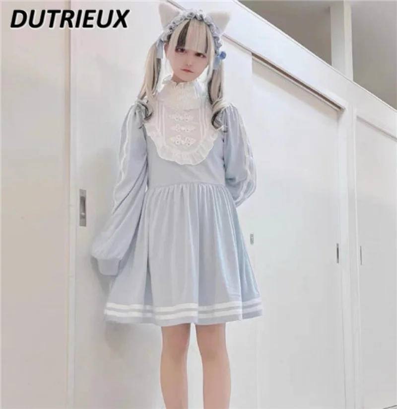 

Japanese-Style Retro Girl's Color Matching Buckle Dress Spring and Summer New Sweet Girl Stand Collar Long Sleeve Waist Dress