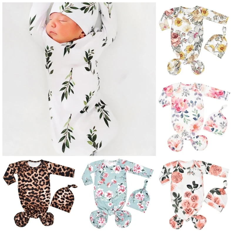 

Newborn Baby Knotted Gown for Baby Girl and Boy Sleeping Bag with Hat 0-3 Months