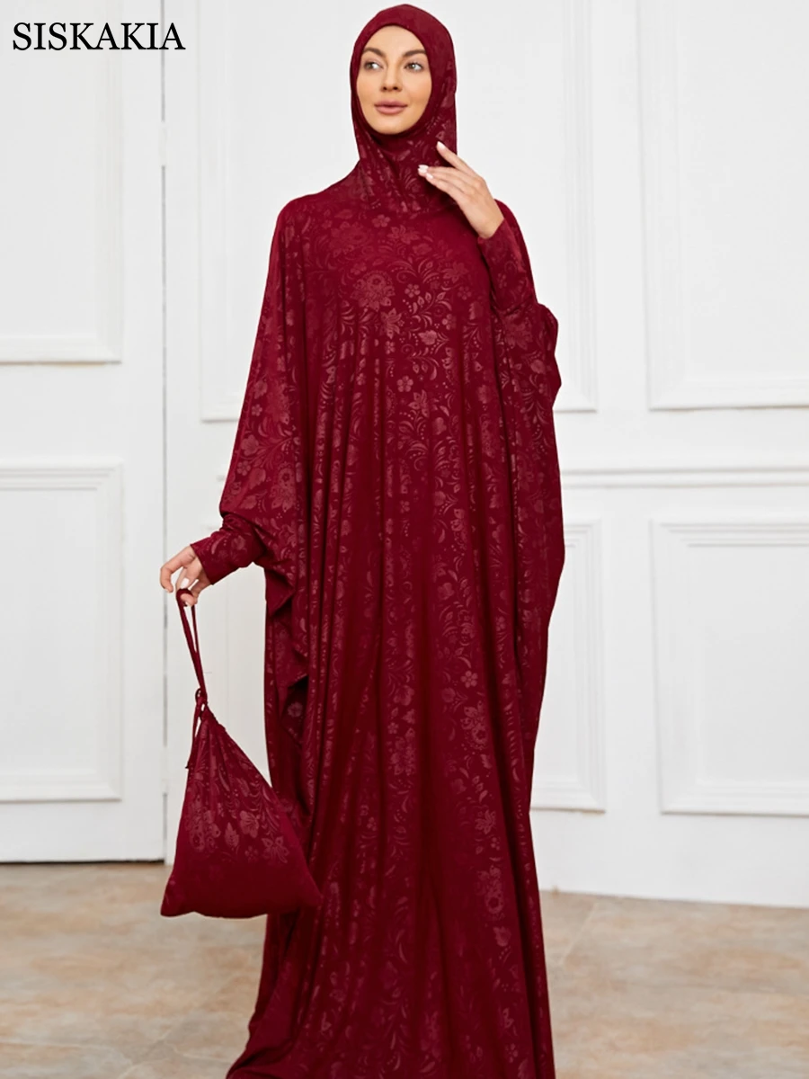 

Siskakia Burgundy Jacquard Prayer Garment Women Ramadan Muslim Robe Turkey Arab Dubai Islamic Worship Abaya khimar Niqab 2022