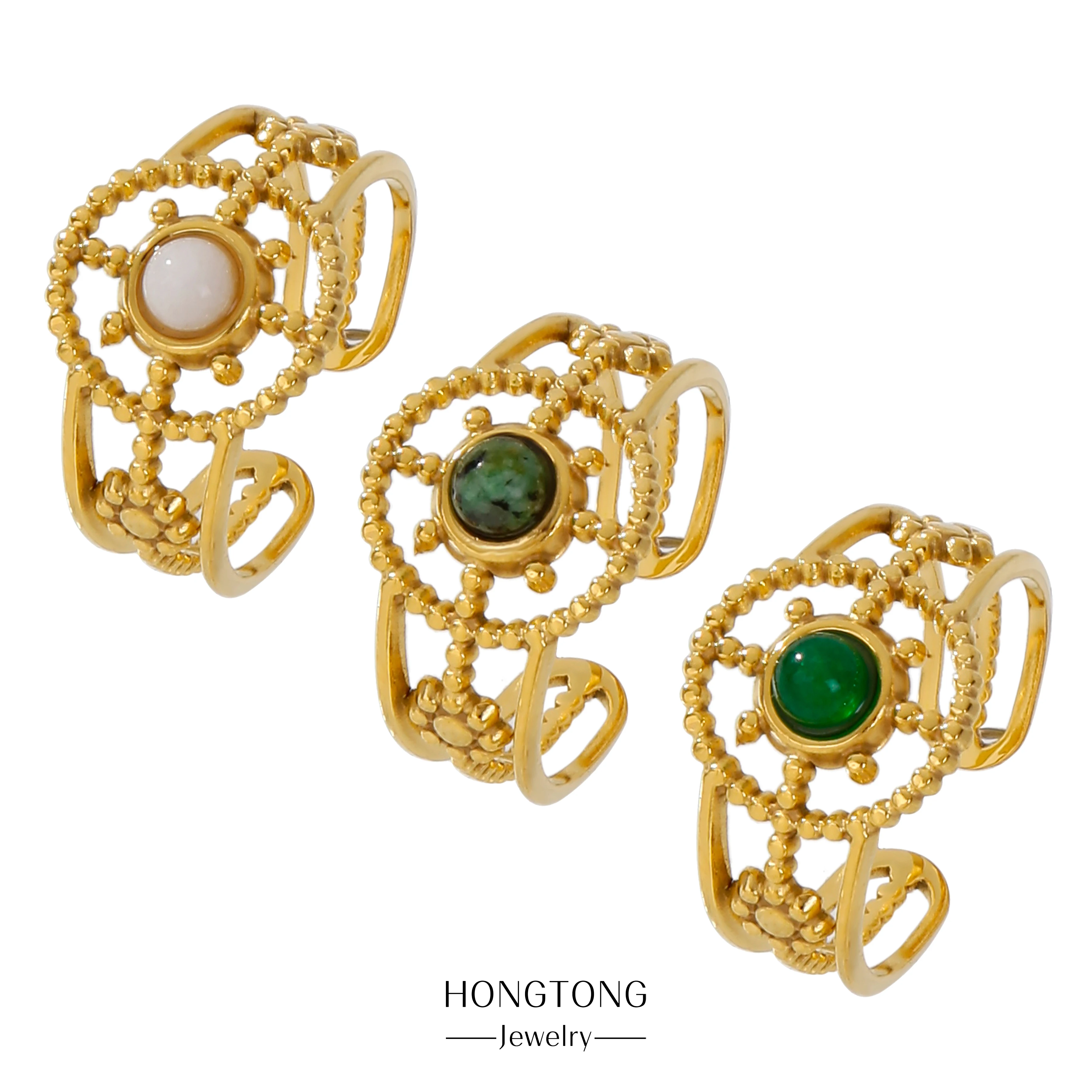 

HONGTONG Real Gold Plating Beautiful Charm Ring Gemstone Fashion Ring Fashion Stainless Steel Ring Jewelry Gift Banquet