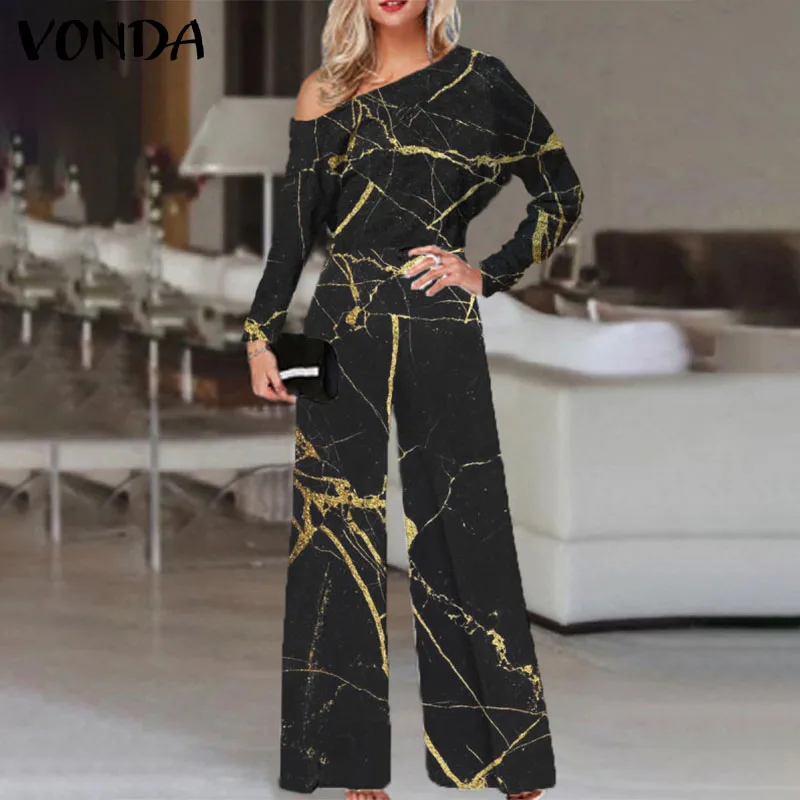 

Summer Jumpsuits 2022 VONDA Women Long Sleeve Sexy One Shoulder Playsuits Office Wide Leg Panst Female Trousers Palazzo