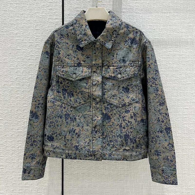 

2022 Autumn Runway Pure Cotton Denim Print Jacket Women Pure Cotton Lapel Single Breasted Outwear Vintage Casual Wild Loose Tops