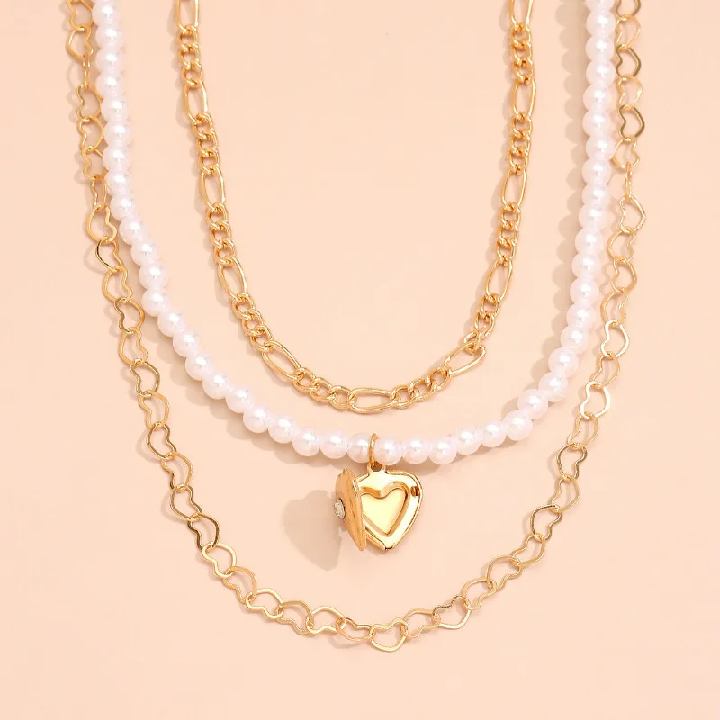 

Imitation Pearl Heart Pendant Multilayer Necklace Simple Trendy Temperament Clavicle Chain For Women