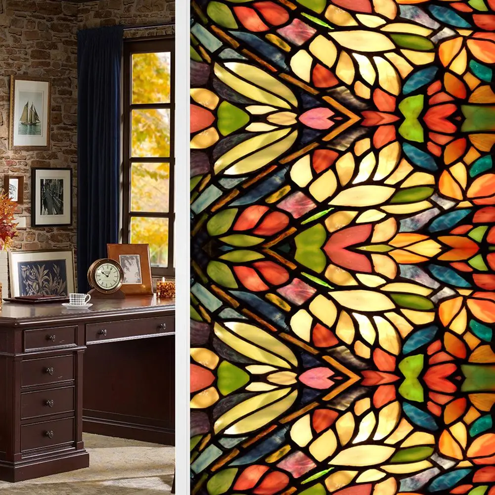 

Retro Flower Stained Glass Window Film Removable Bathroom Privacy Window Film Window Decals Static Clings