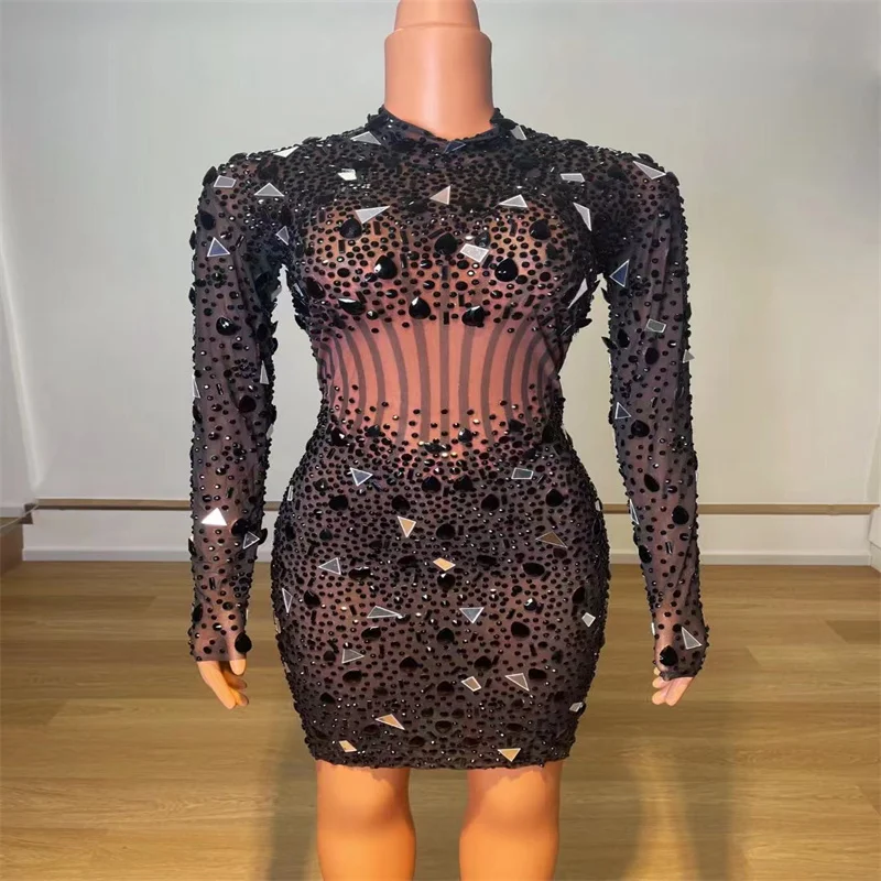 

Q364 Mirrors Sequins Bodysuit Black Rhinestones Nightclub Costume Bar New Crystals Diamonds Long Sleeves Model Singer Perform Dj