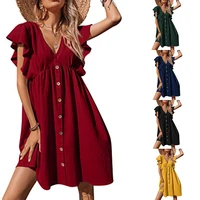 2022 summer new european and american womens pleated v neck cover sleeve button casual dress