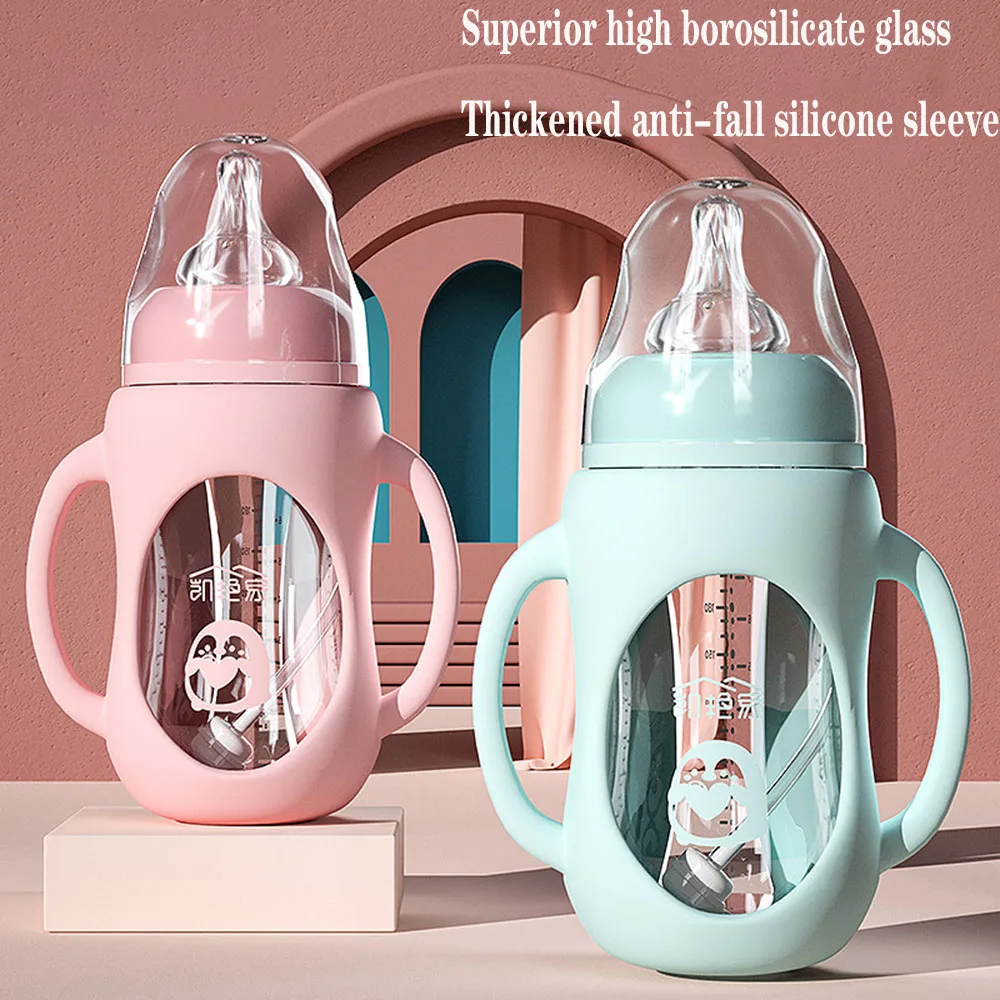Glass milk bottle, double purpose baby bottle, duck nozzle silicone handle, anti-drop baby wide caliber duck nozzle drinking cup